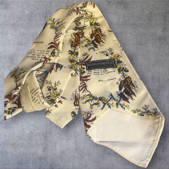 Vintage Gino Pompei Handmade Italy Tie Shakespeare Quote Novelty Floral Print - Picture 5 of 11